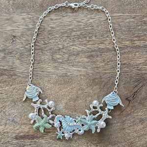 Oceanic Sealife Silvertone Necklace With Faux Pearl Accents
